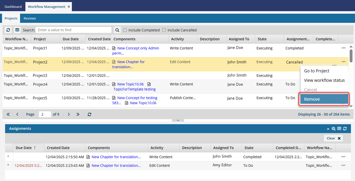 Remove a workflow in the Workflows module